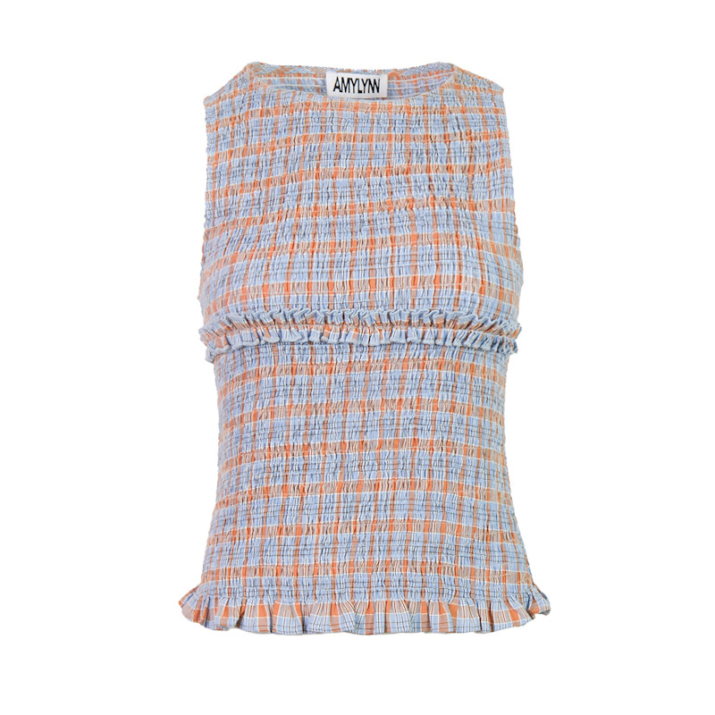 Mona Smocked Top In Blue & Orange Check | AMY LYNN | Wolf & Badger