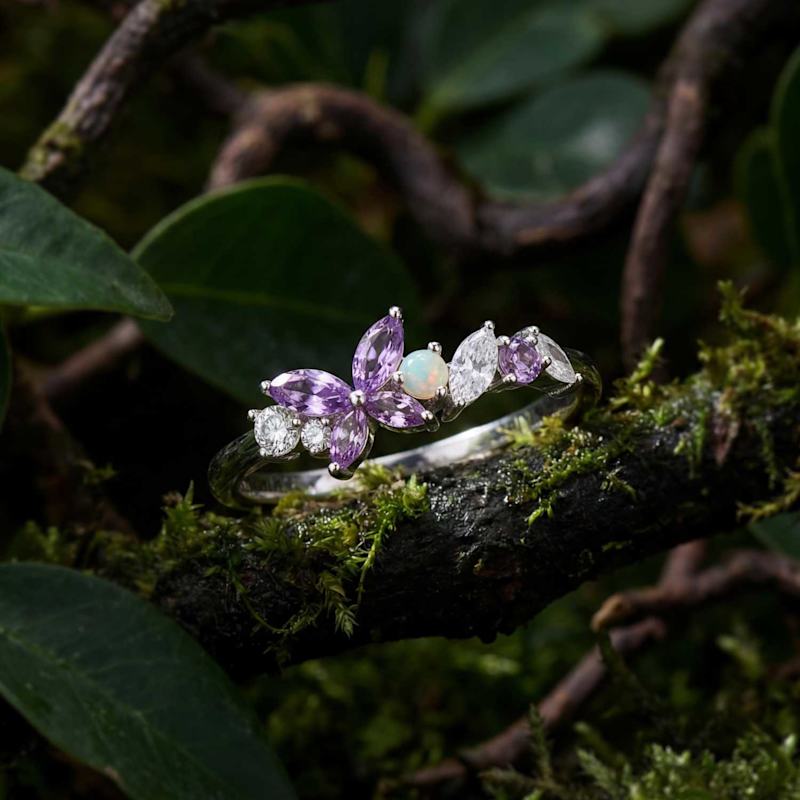 Thumbnail of Monarch Butterfly Amethyst Opal Ring White Gold Vermeil image