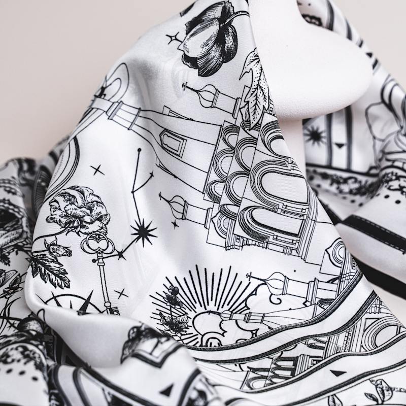 Thumbnail of Monochrome Twill Silk Scarf – Square Scarf With Illustrated Print image