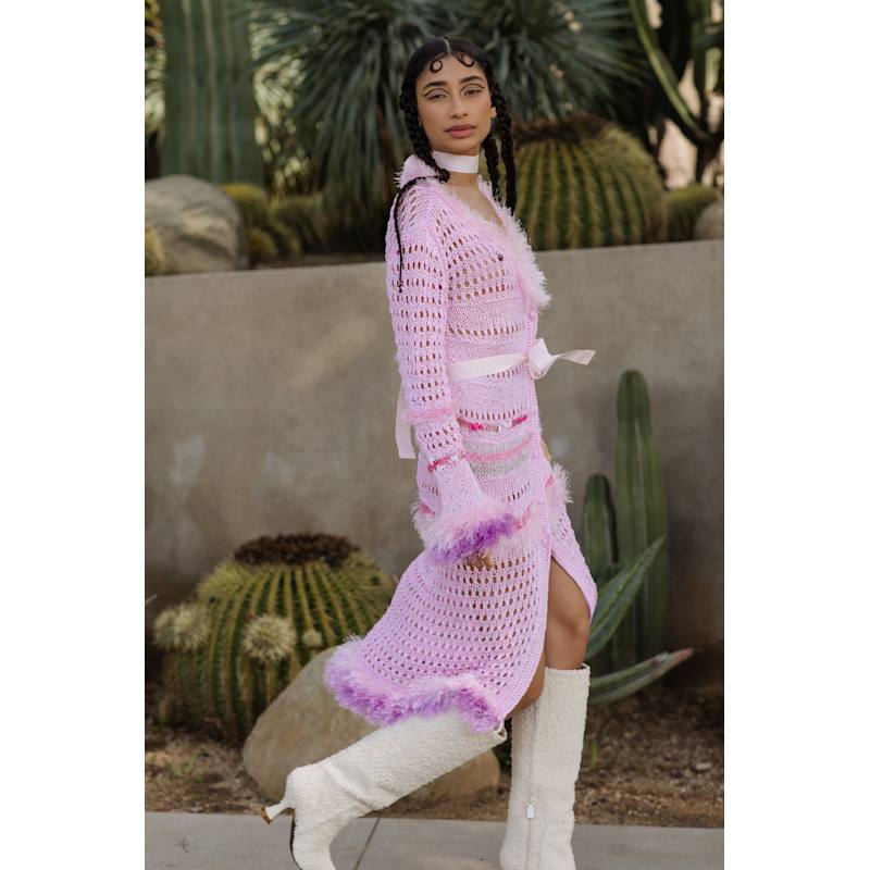 Monroe Pink Handmade Knit Cardigan-Dress With Belt | ANDREEVA