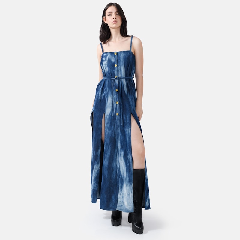 Designer Denim Maxi Dress – Sleeveless Dyed Jean Dress | Kargede