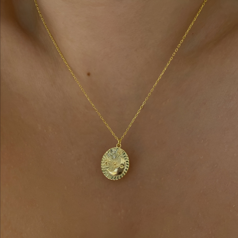 Thumbnail of Moon Face Embossed Silhouette Sterling Silver Set Medal Necklace & Ring - Gold image