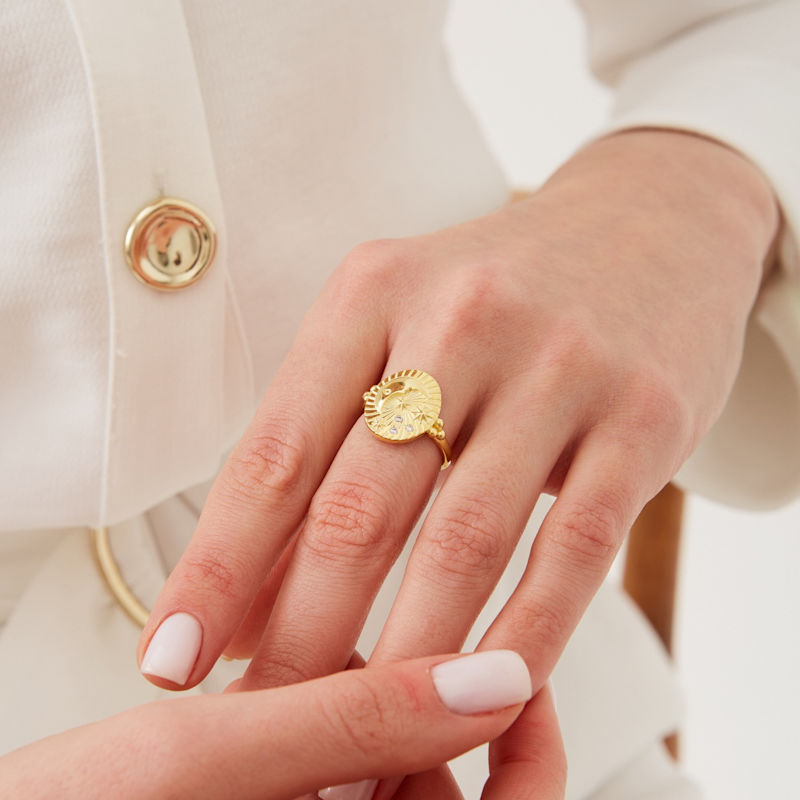 Thumbnail of Moon Face Embossed Silhouette Sterling Silver Set Medal Necklace & Ring - Gold image