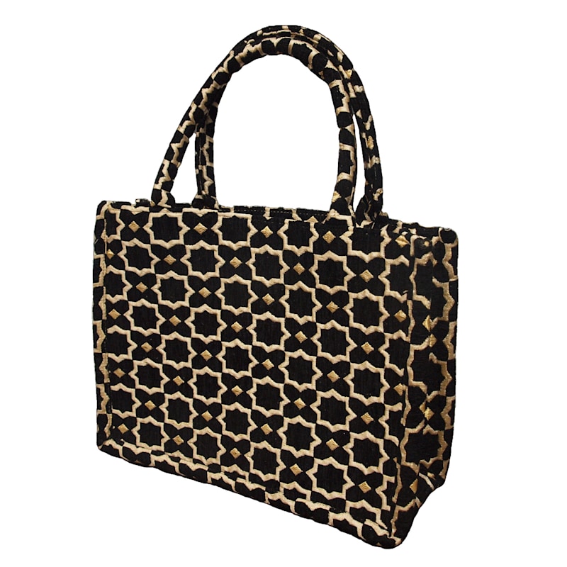 Moroccan Geometric Print Fabric Tote Bag In Black Berber Leather