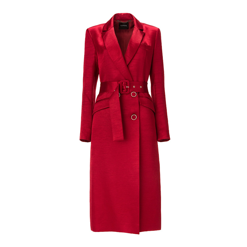 Belted Midi Trench Coat In Red Satin Blend | LITA COUTURE | Wolf