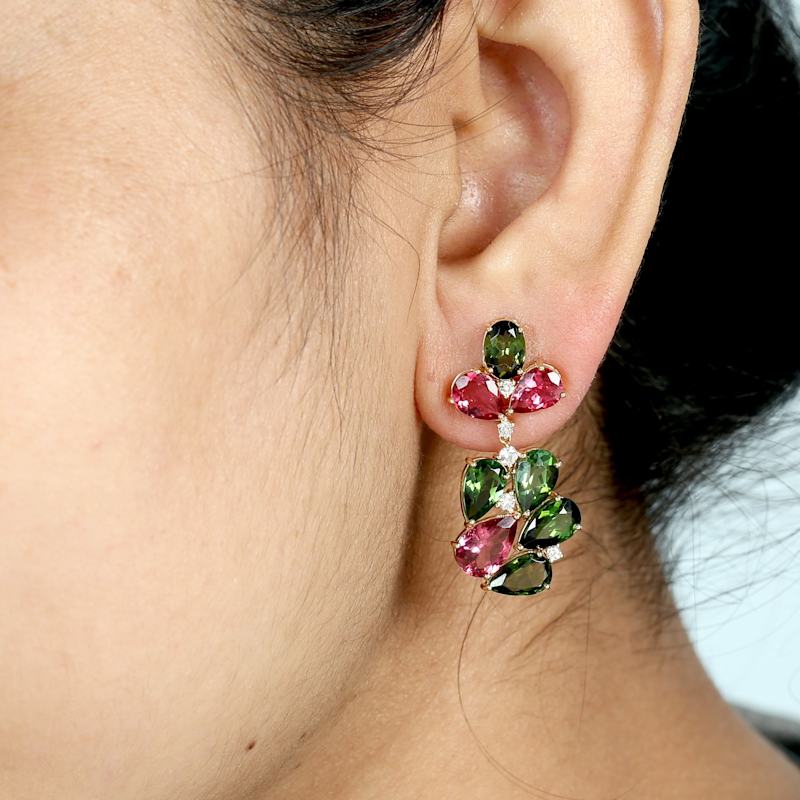Thumbnail of Multicolor Tourmaline & Diamond Drop Earrings in 18K Yellow Gold image