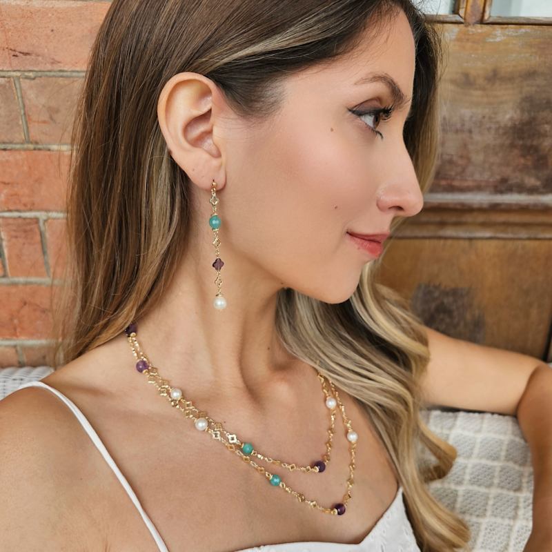 Thumbnail of Multi-Gemstone & Pearl Drop Shoulder Earrings image