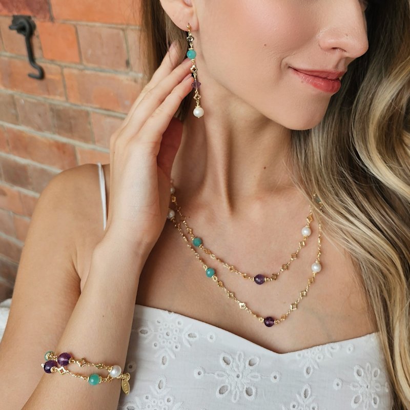 Thumbnail of Multi-Gemstone & Pearl Drop Shoulder Earrings image