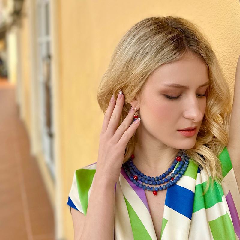 Thumbnail of Multi-Layers Matte Blue Lapis With Red Coral Statement Necklace image
