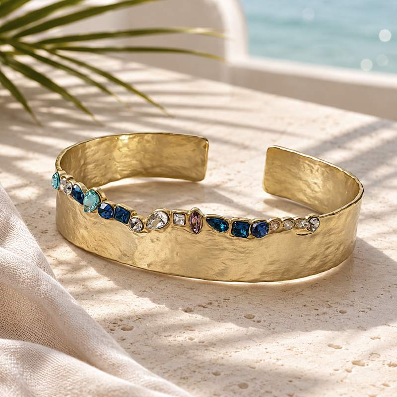Thumbnail of Multicolor Crystal Gold Statement Cuff Bracelet | Organic Sculptural Jewelry image
