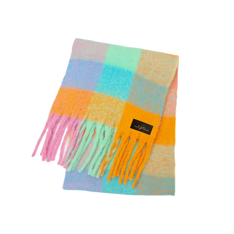 Thumbnail of Multicoloured Pastel Checkered Large Fringed Cashmere-Blend Winter Scarf image