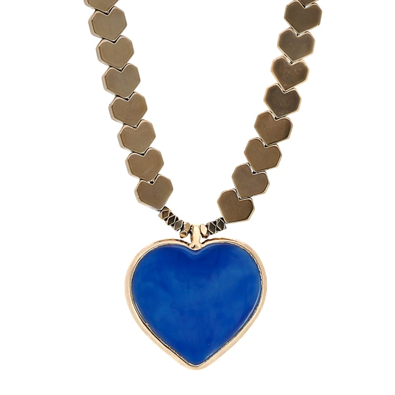 Thumbnail of Murano Glass Blue Heart Pendant Gold Hematite Happy Necklace - Gold image