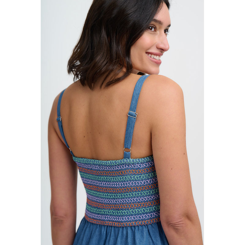 denim shirred dress Mid-Wash Denim Shirred Faith Midi Dress