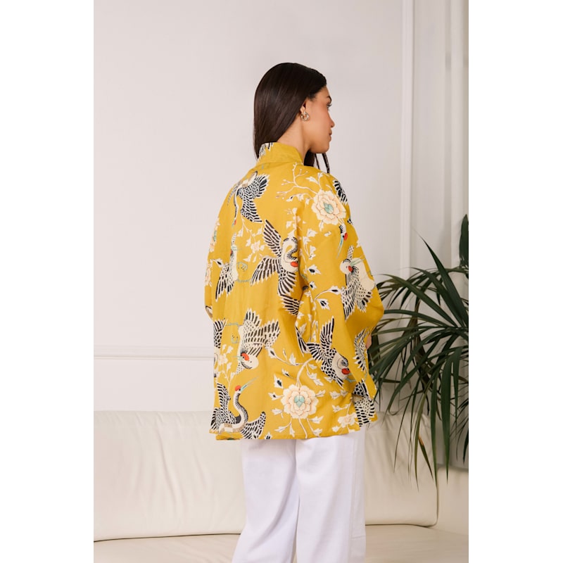 Thumbnail of Mustard Dynastic Bird Print Light Weight Kimono image