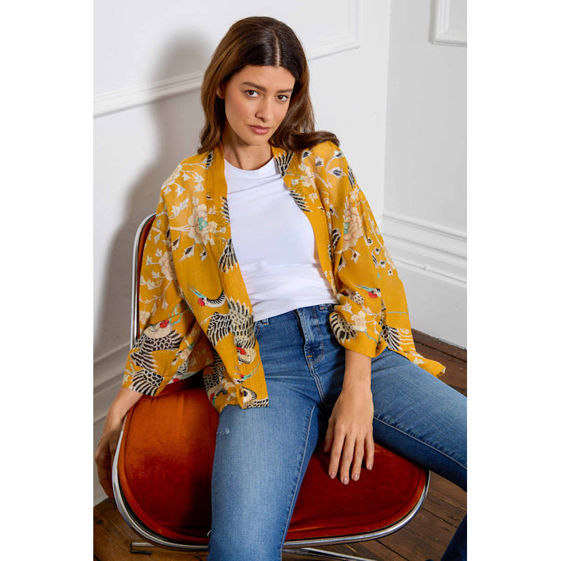 Thumbnail of Mustard Dynastic Bird Print Light Weight Kimono image