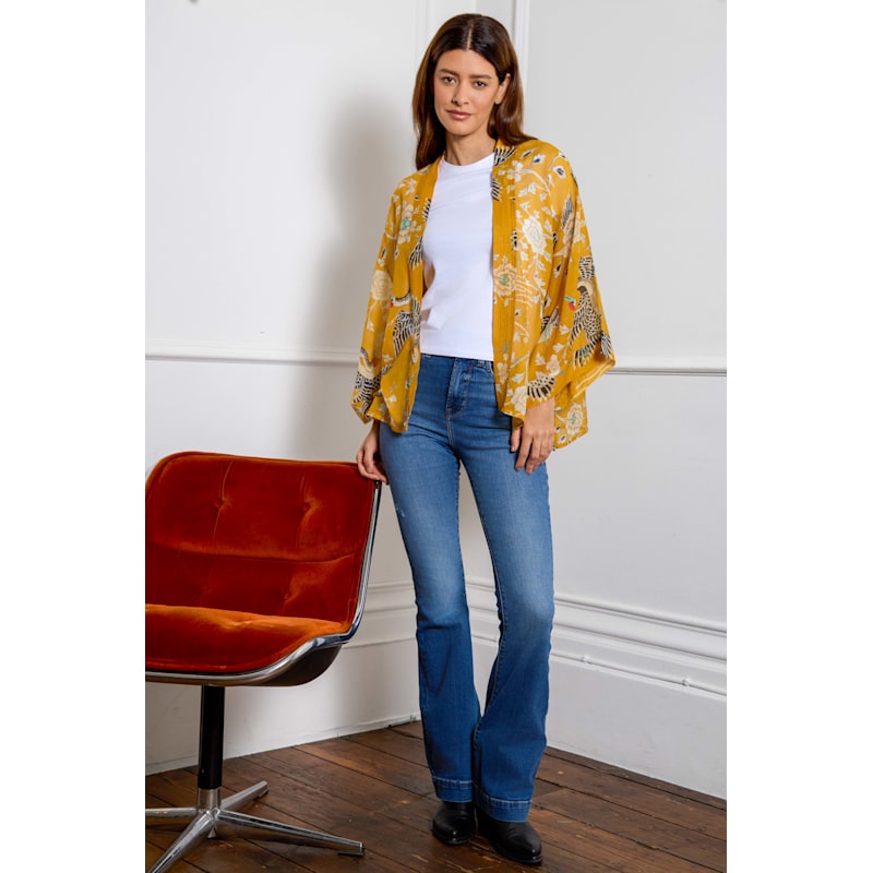 Thumbnail of Mustard Dynastic Bird Print Light Weight Kimono image