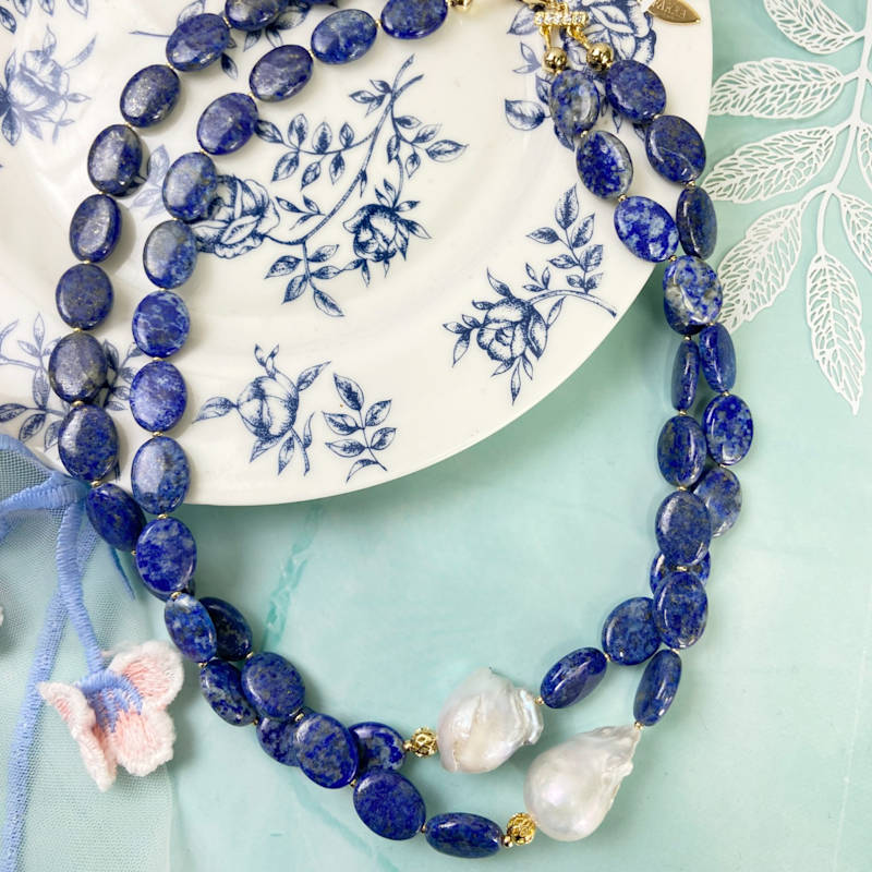 Thumbnail of Lapis With Baroque Pearl Double Strands Necklace image