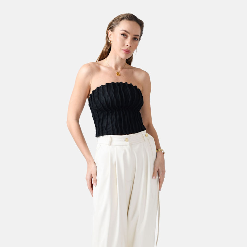 Black Rib Knit Tube Top – Strapless With Pleats | Kargede