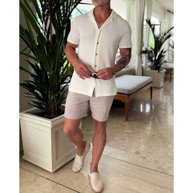 Thumbnail of Mykonos Linen Blend Pointelle Knit Slim Fit Button Up Shirt - Sand Dollar image