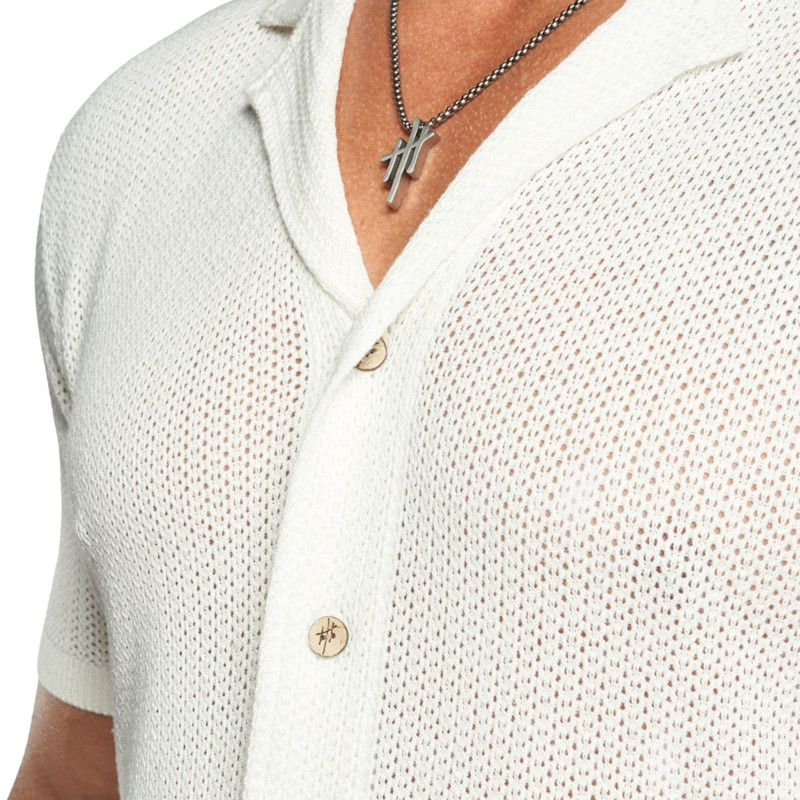 Thumbnail of Mykonos Linen Blend Pointelle Knit Slim Fit Button Up Shirt - Sand Dollar image