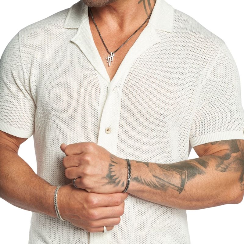 Thumbnail of Mykonos Linen Blend Pointelle Knit Slim Fit Button Up Shirt - Sand Dollar image
