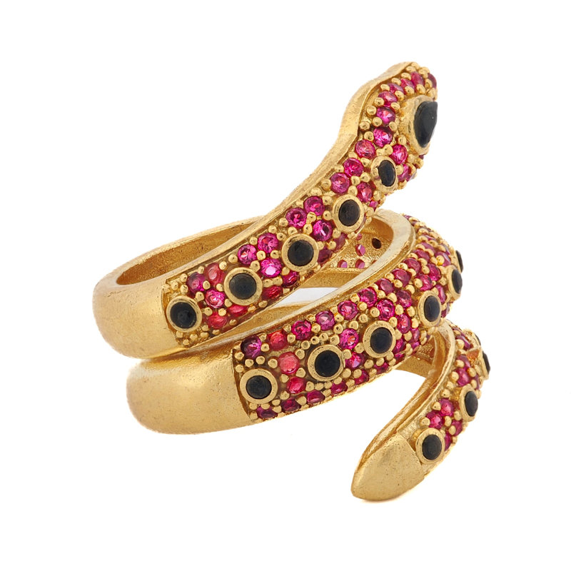 Thumbnail of Mystic Serpent Black & Ruby Stone Triple Wrap Ring - Pink image