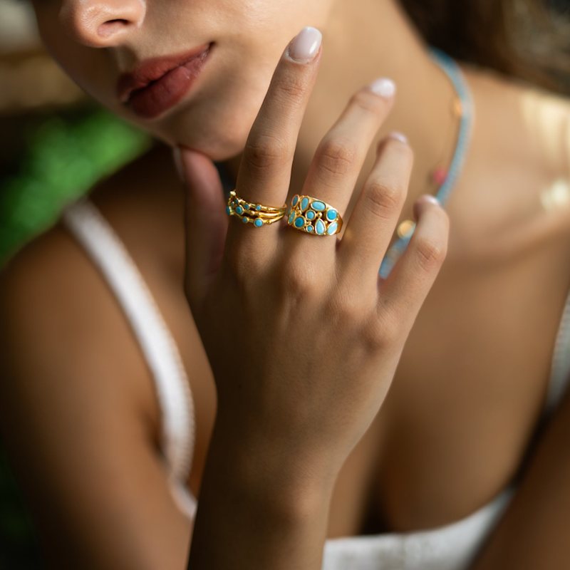 Thumbnail of Mystic Waves Turquoise Gold Adjustable Ring - Turquoise image