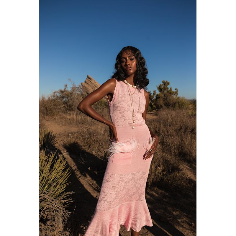 Pink Rose Knit Dress With Feathers | ANDREEVA | Wolf & Badger