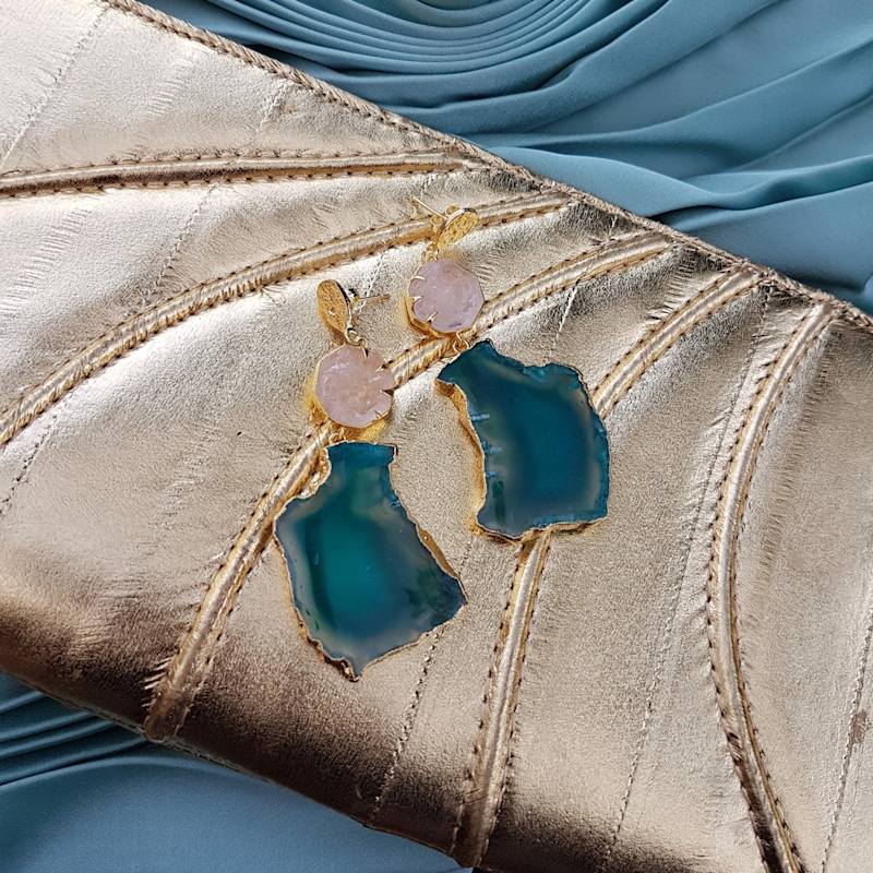 Thumbnail of 'Hold On' Rose Quartz Green Agate Gemstone Statement Earrings image