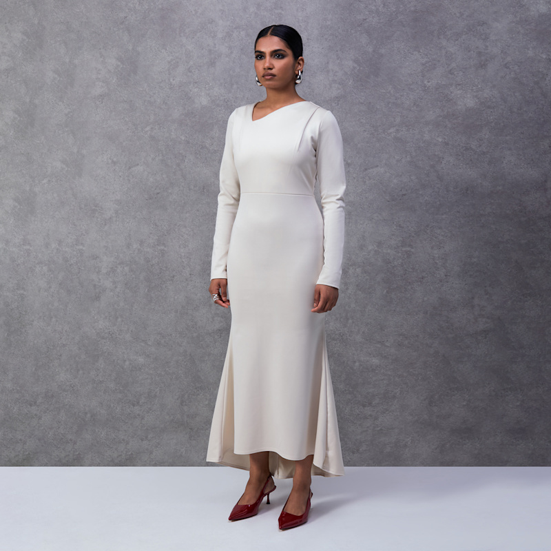 Thumbnail of Square Neck Pleat Detail Asymmetric Midi Dress In Cream image