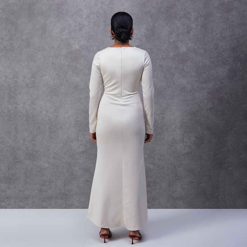 Thumbnail of Square Neck Pleat Detail Asymmetric Midi Dress In Cream image