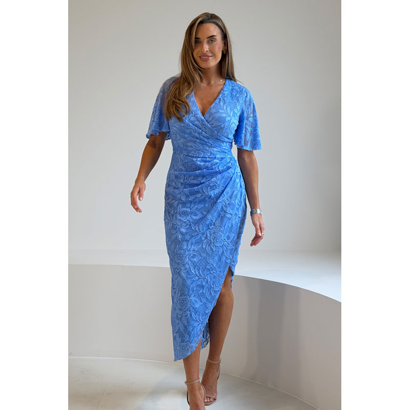 Natasha Angel Sleeve Wrap Midi Dress In Blue Lace by Girl In Mind
