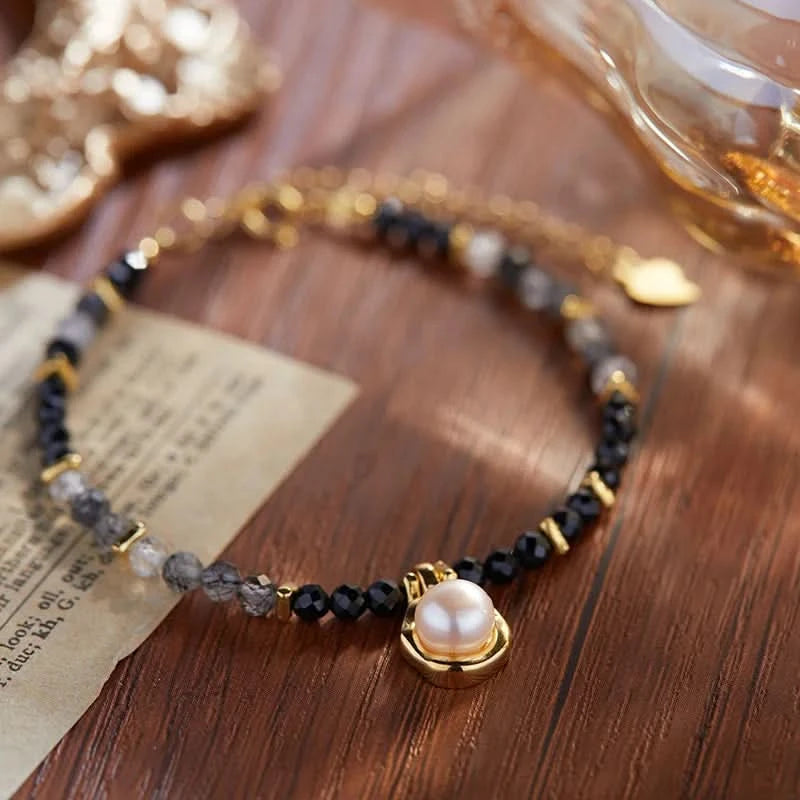 Thumbnail of Natural Black Stone Bracelet With Pearl Pendant image