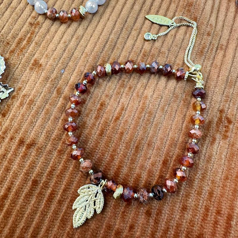 Thumbnail of Natural Orange Garnet Gemstone With Leaf Charm Adjustable Bracelet image