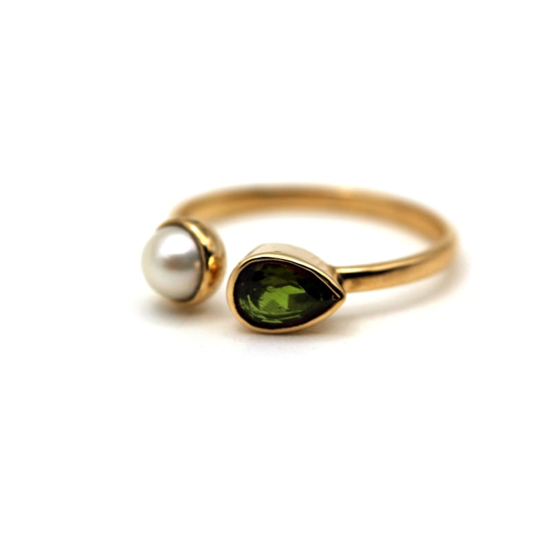 Thumbnail of Natural Peridot With Pearl Yellow Gold Open Cuff Ring image