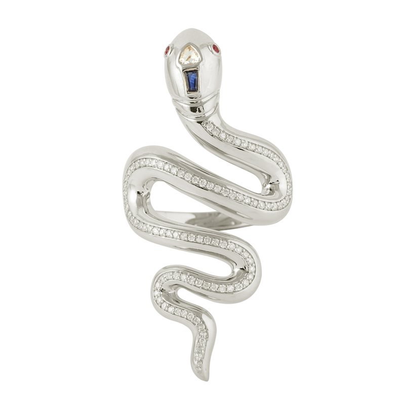 Thumbnail of Serpent Diamond Ring with Sapphire & Ruby Accents in 14K White Gold image