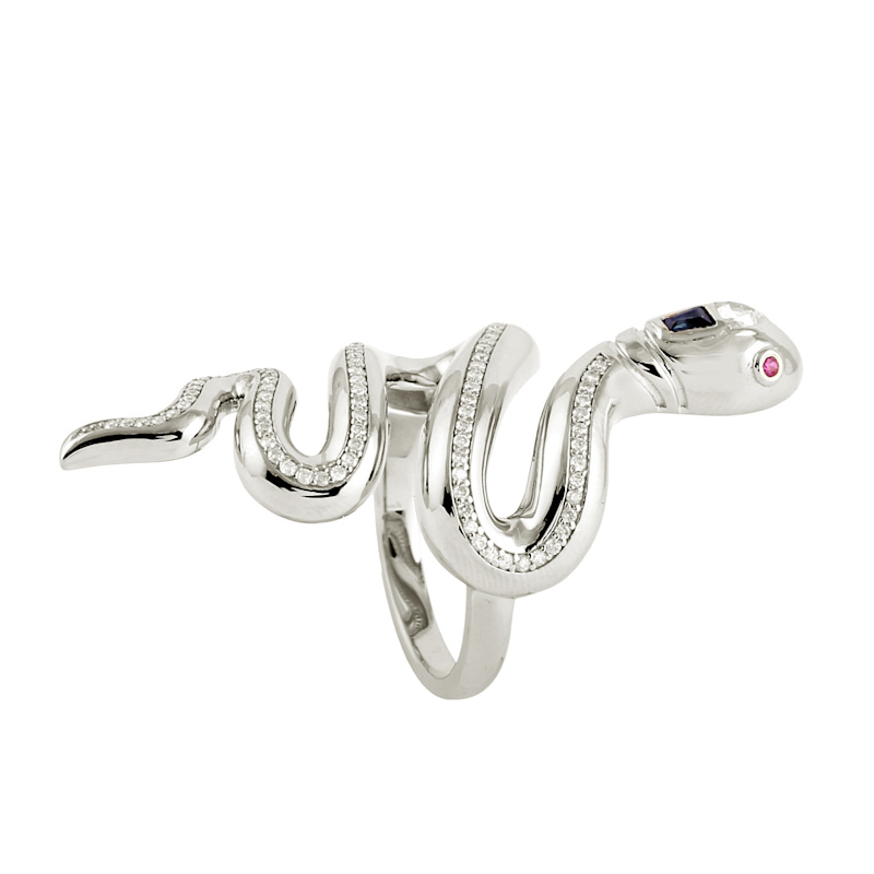 Thumbnail of Serpent Diamond Ring with Sapphire & Ruby Accents in 14K White Gold image
