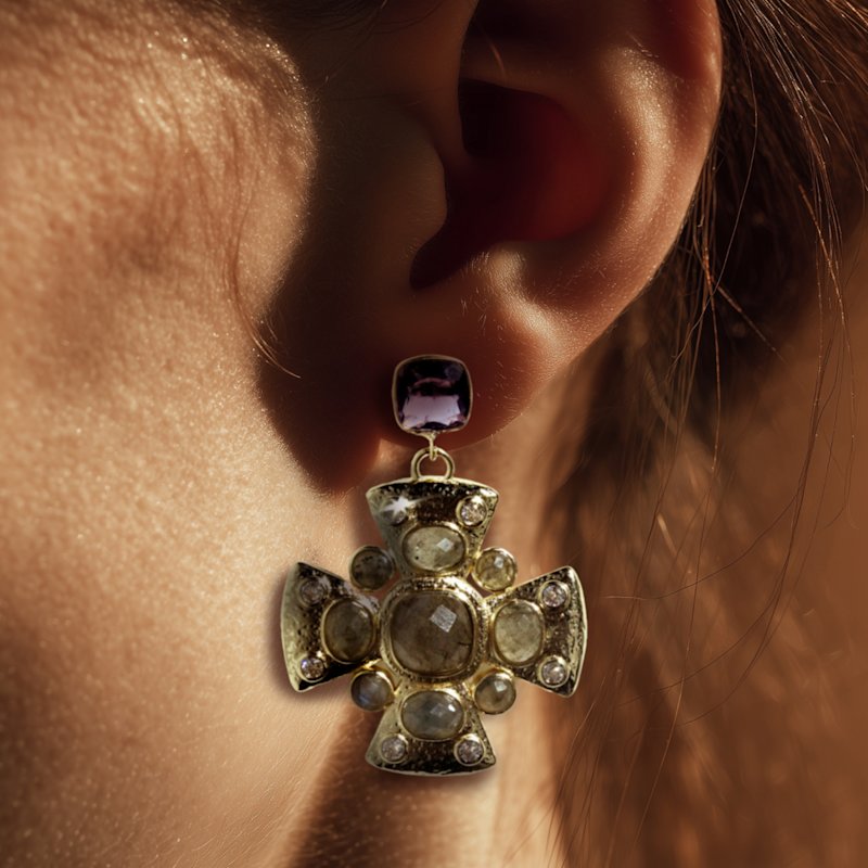 Thumbnail of Navarro Labradorite Cross Earrings With Amethyst Stud Base image