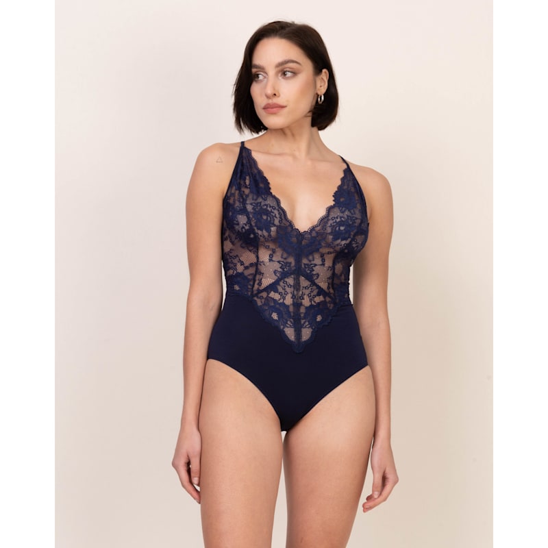Thumbnail of Navy Blue Bodysuit - Soft Viscose & Delicate Lace image