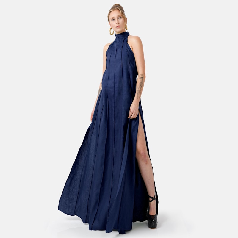 sachin and babi light blue dress Navy Halter Neck Smocked Maternity Maxi Dress – PinkBlush main image 1