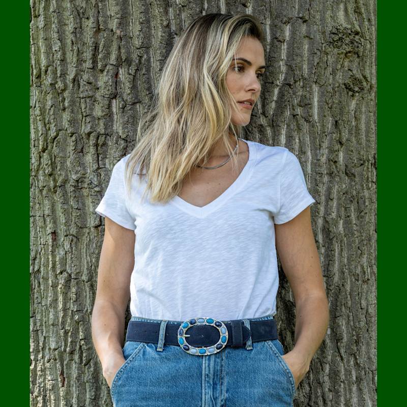 Thumbnail of Navy Suede Belt With Our Blue Oval Gemstone Buckle image