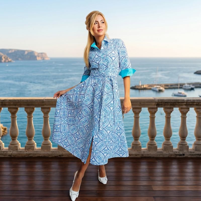 maxi dresses with three quarter sleeves Perlavera Printed Three Quarter Sleeve Maxi Dress