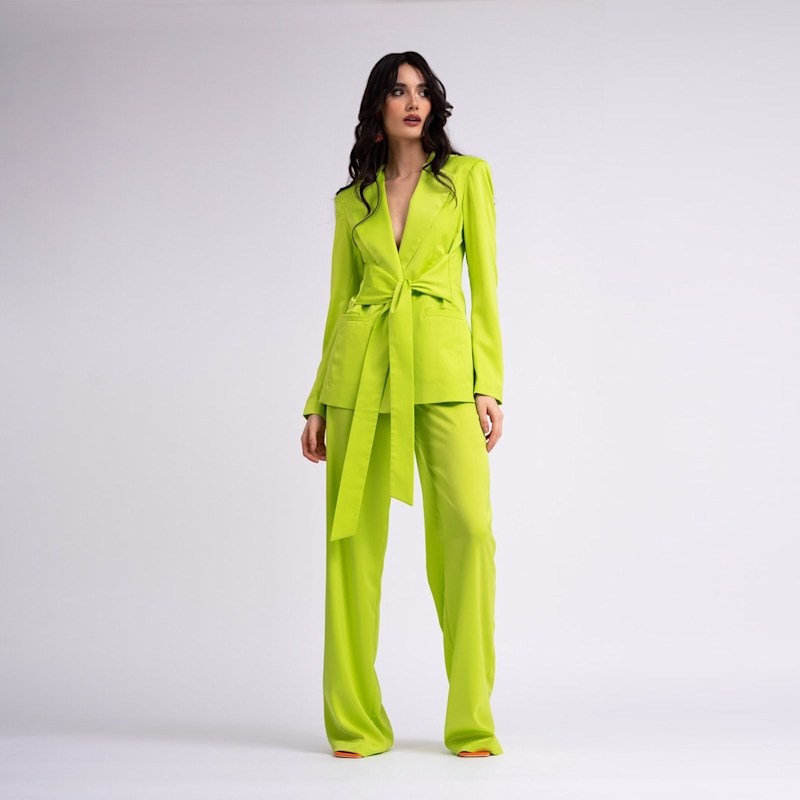 Neon Green Suit With Blazer With Scarves And Wide Leg Pants