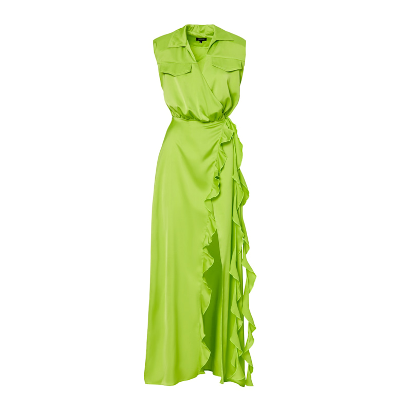 Neon Maxi Dress With Oversized Shoulders And Ruffled Slit