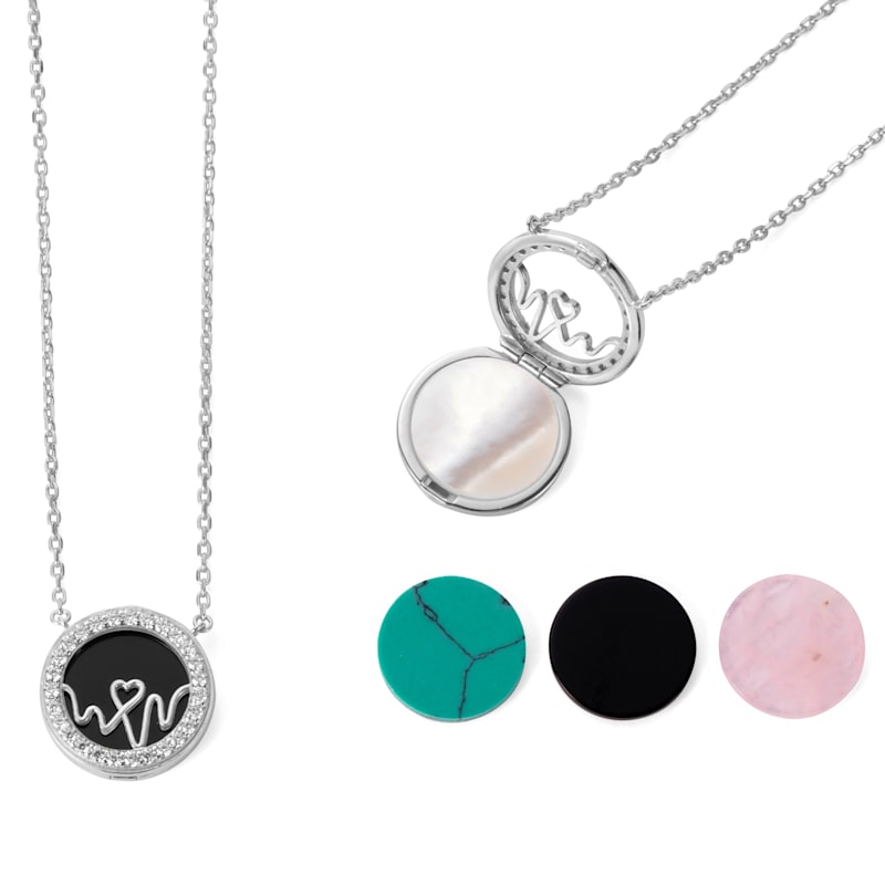 Thumbnail of New - Loves Frequency™ Sterling Silver Heartbeat Locket/Necklace With Rose Quarts, Mother Of Pearl & Black Onyx image