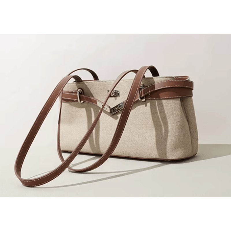 Thumbnail of New: Rundle Genuine Leather & Linen Handbag - Brown image