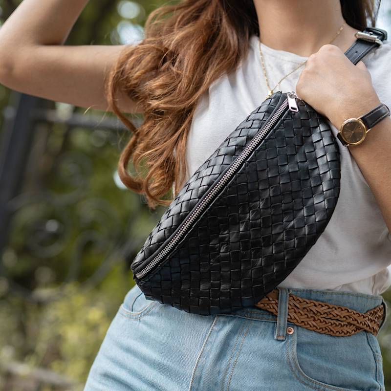 Thumbnail of Nexus Woven Leather Belt Bag - Minimal Black Crossbody Purse image
