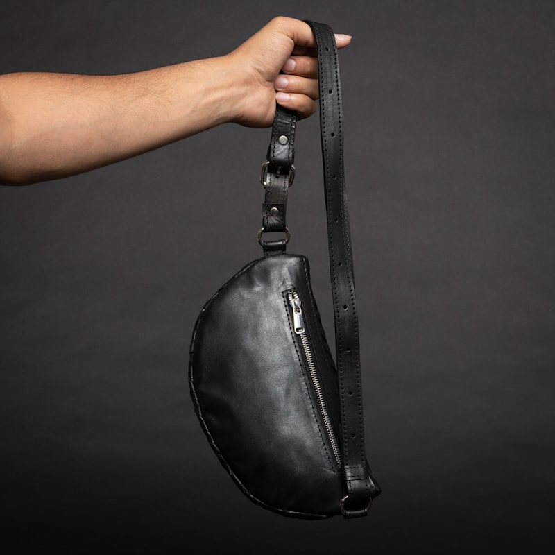 Thumbnail of Nexus Woven Leather Belt Bag - Minimal Black Crossbody Purse image