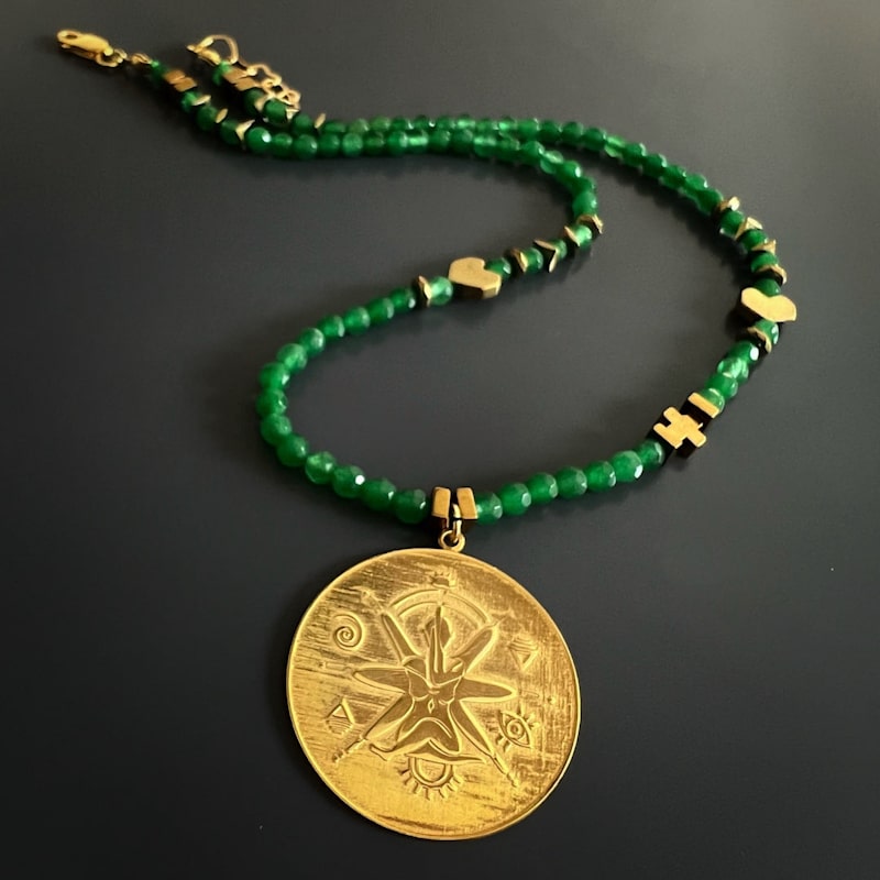Thumbnail of Green Jade Stone Spiritual Soul Gold Medallion Pendant Necklace - Green image