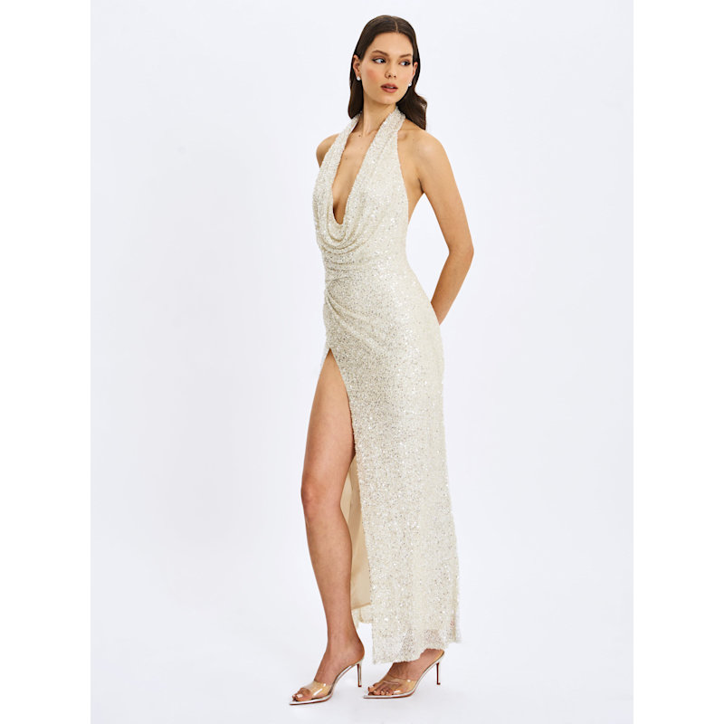 Thumbnail of Niamh Golden Beaded Cowl Halter Backless Maxi Dress image